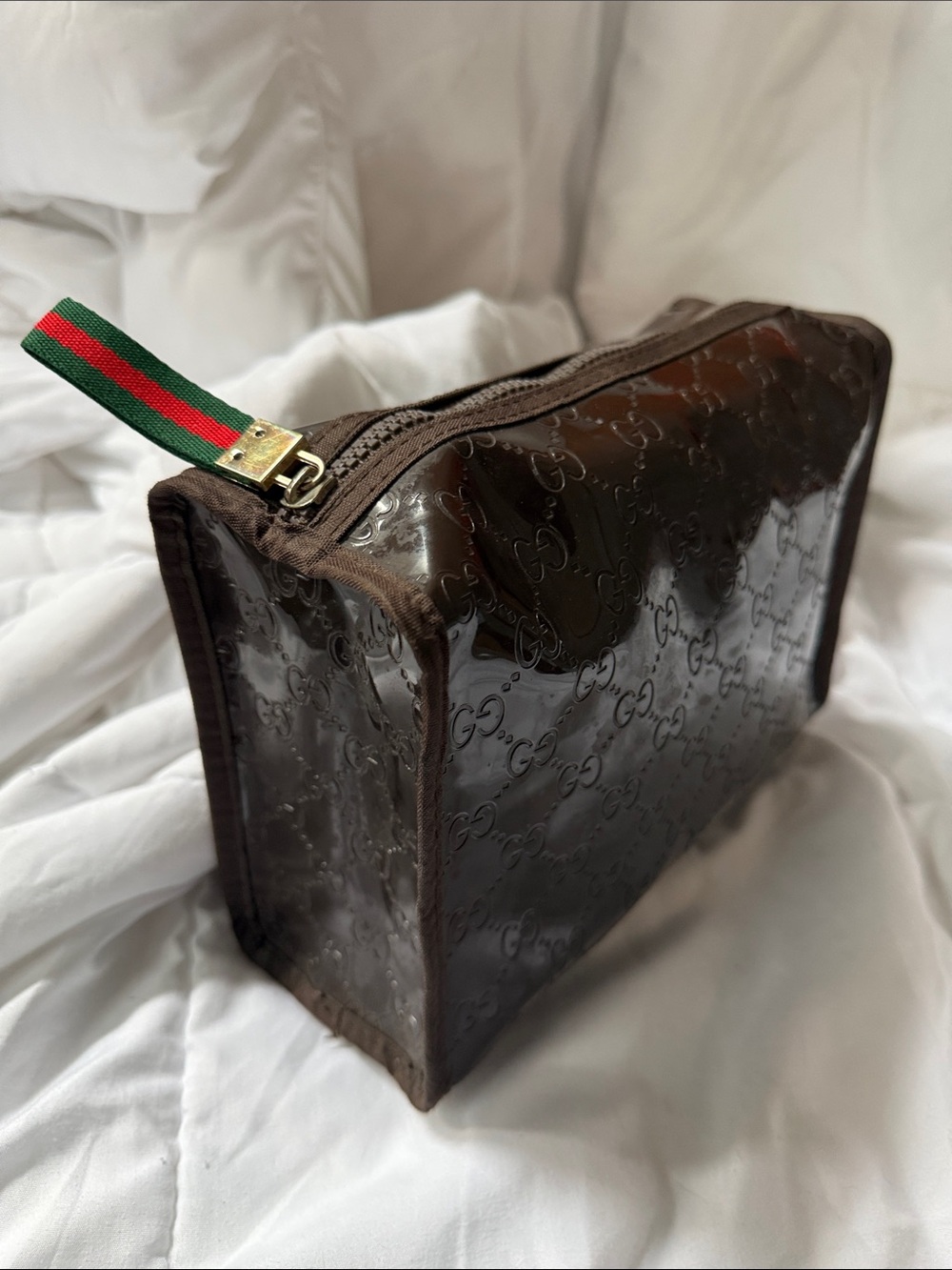 Gucci Brown Patent GG Toiletry Pouch with Green-Red Web Strap